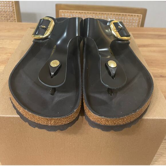 Birkenstock Women's Gizeh Big Buckle Slide Sandal Black Gold Size 8 39 EU NWOT - Picture 7 of 12